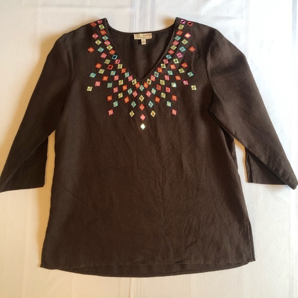 Choices Brown Linen Embellished 3/4 Sleeve Tunic Size S - Picture 3 of 9